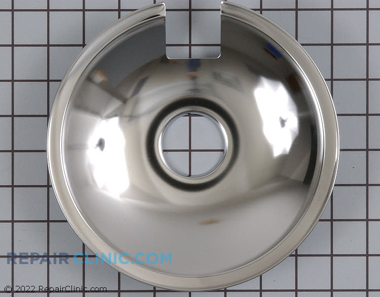 Chrome drip bowl (also called a drip pan) for 8 inch burner on Jenn Air electric range. The drip pan sits underneath the heating element to collect drips or spills around the burner.
