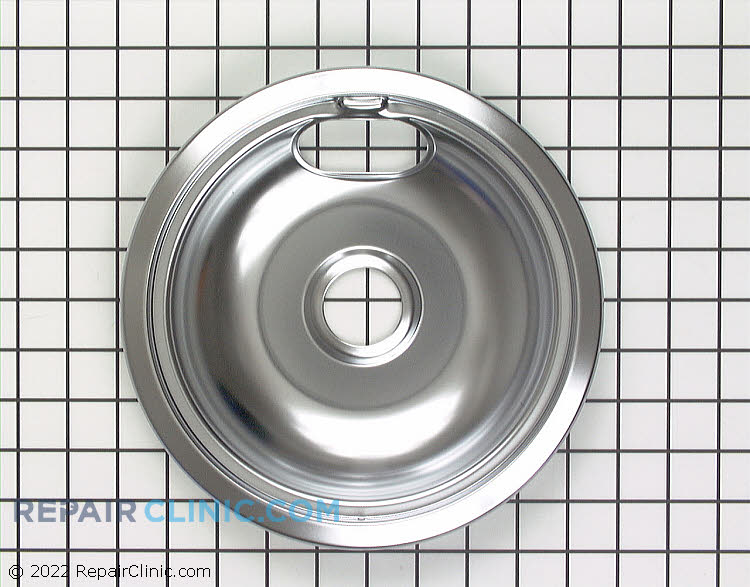 Chrome drip bowl (pan) for 8-inch burner on electric range. This drip bowl sits underneath the heating element to catch drips or spills.