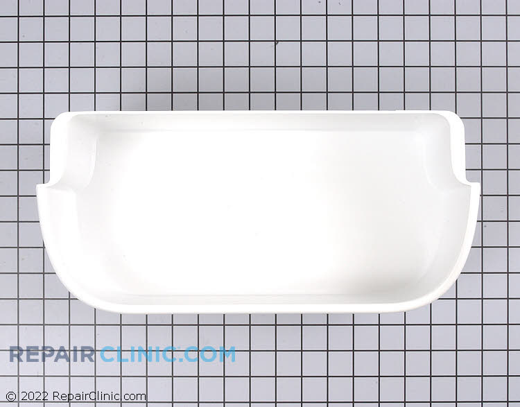 Refrigerator shelf bin, white. This bin attaches to the inside of the fridge door and is wide enough to hold a gallon of milk.