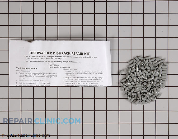 Dishrack repair kit, gray, include vinyl touch-up paint, tines tips, and instructions.