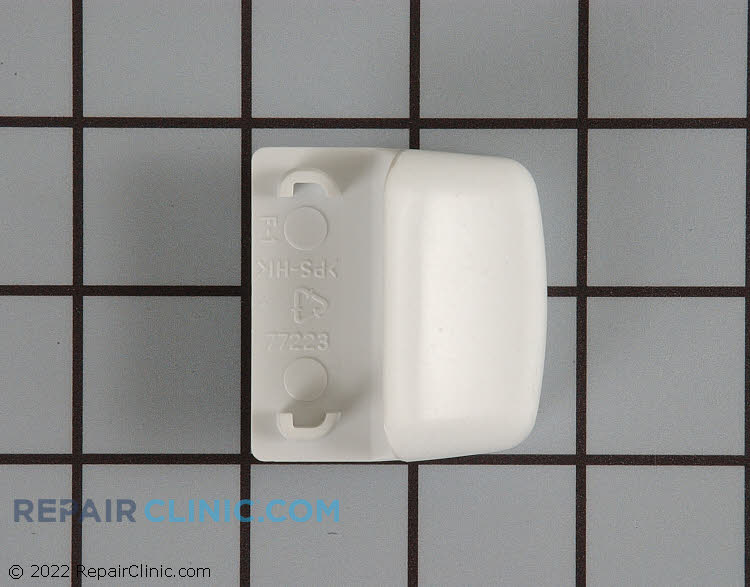 Refrigerator door shelf end cap, white. Can be used for right-hand or left-hand side.