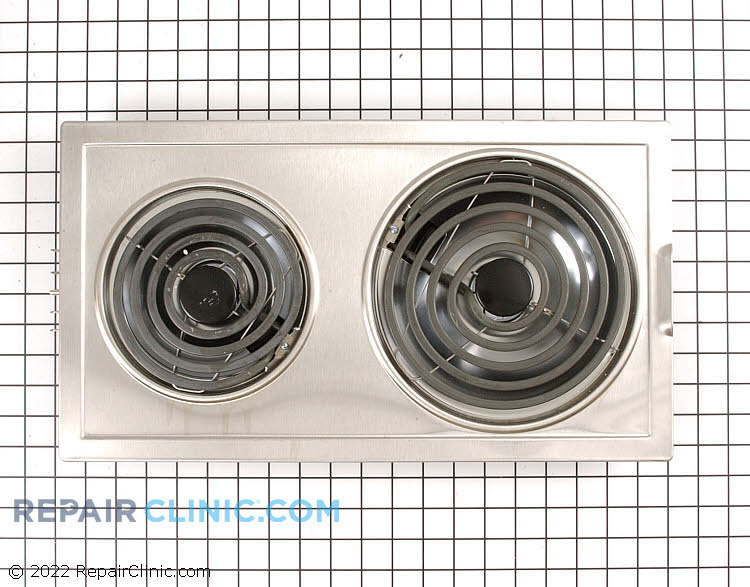 Stainless steel stove top burner cartridge assembly with coil style elements. This cartridge has 5 spades, 4 flat and one round.