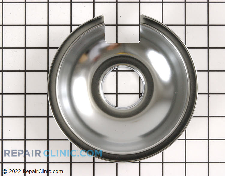 Chrome drip bowl for 6-inch burner on a Jenn Air electric range. The drip pan sits underneath the heating element to collect drips or spills around the burner.