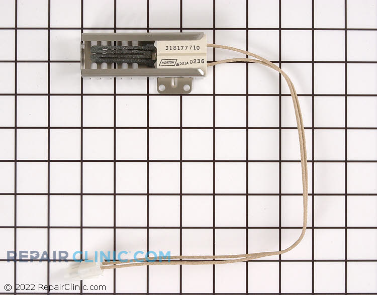 Oven igniter with wire connector. The igniter draws electrical current through the oven safety valve to open it. If the igniter glows for more than 90 seconds without igniting the gas flame, this indicates that the igniter is too weak to open the valve.