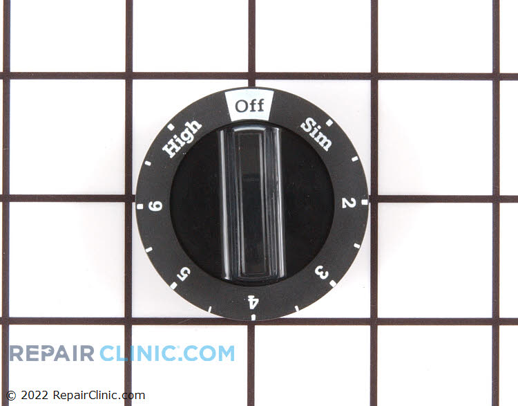 Surface burner control knob, sim-2-3-4-5-6-high, white on black