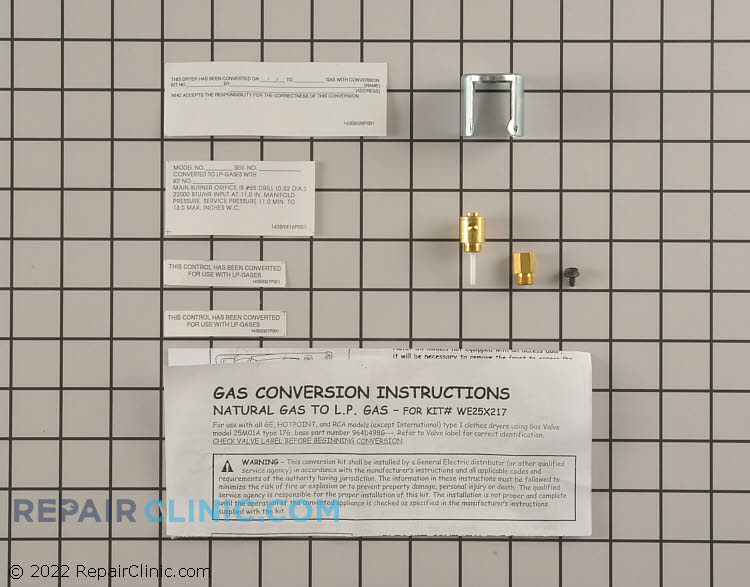 Two-coil gas valve conversion kit. This kit converts a dryer from running on natural gas to liquid propane. Instructions are included.