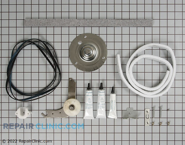 Dryer maintenance kit. The kit includes the rear bearing, front felt seals, belt and idler pulley. This dryer maintenance kit contains all of the parts that are commonly worn when the dryer is noisy.