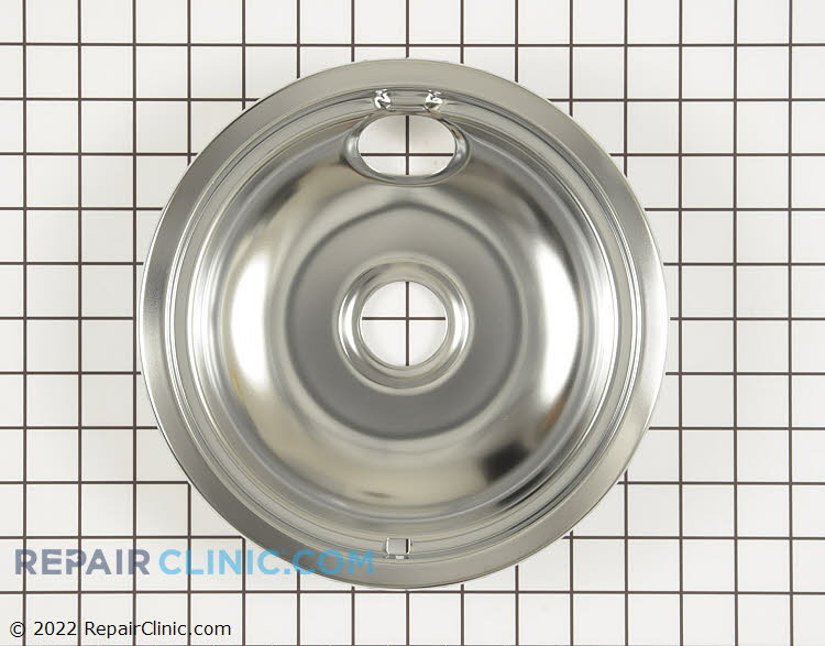Chrome drip bowl (also called a drip pan) for 8 inch burner on an electric range. The drip pan sits underneath the heating element to collect drips or spills around the burner.