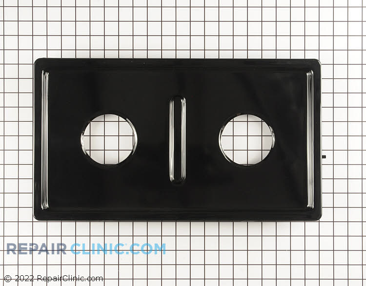 Double burner pan, black. The drip pan sits underneath the burner to collect drips or spills around the burner.