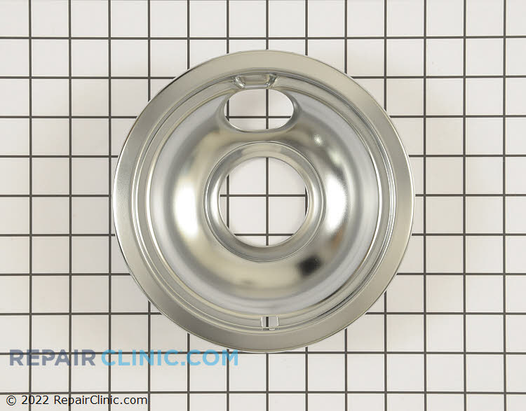 Chrome drip bowl (also called a drip pan) for 6 inch burner on an electric range. The drip pan sits underneath the heating element to collect drips or spills around the burner.