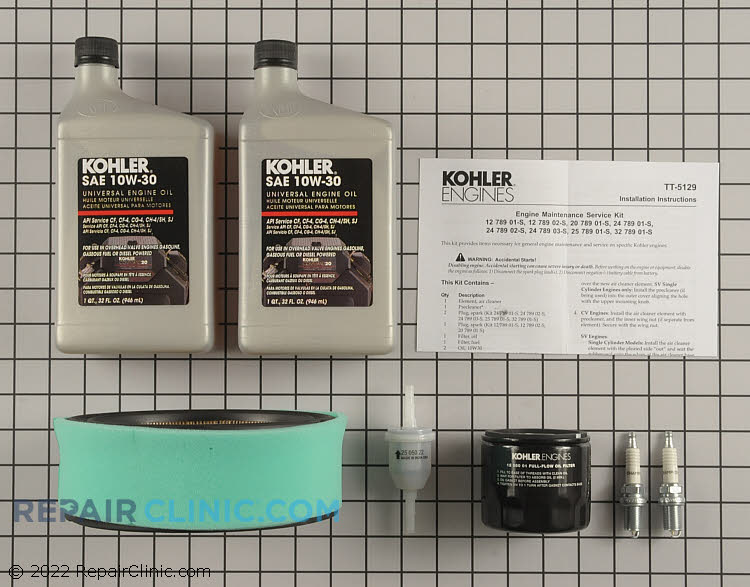 Command Twin Cylinder Maintenance Kit Includes<br><br>2 Bottles Of Oil (25 357 06-S)<br>1 Oil Filter (12 050 01-S)<br>1 Fuel Filter (25 050 22-S)<br>1 Air Cleaner (47 083 03-S)<br>1 Pre Filter (24 083 02-S) <br>2 Spark Plugs (12 132 02-S)