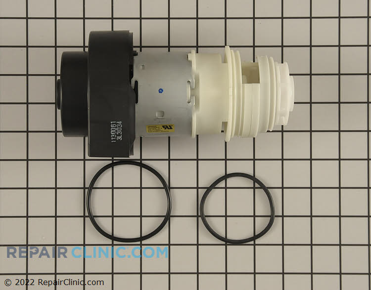 Dishwasher circulation pump motor with wash impeller & o-ring seals. Poor washing and noise during operation are indications of a circulation pump problem.