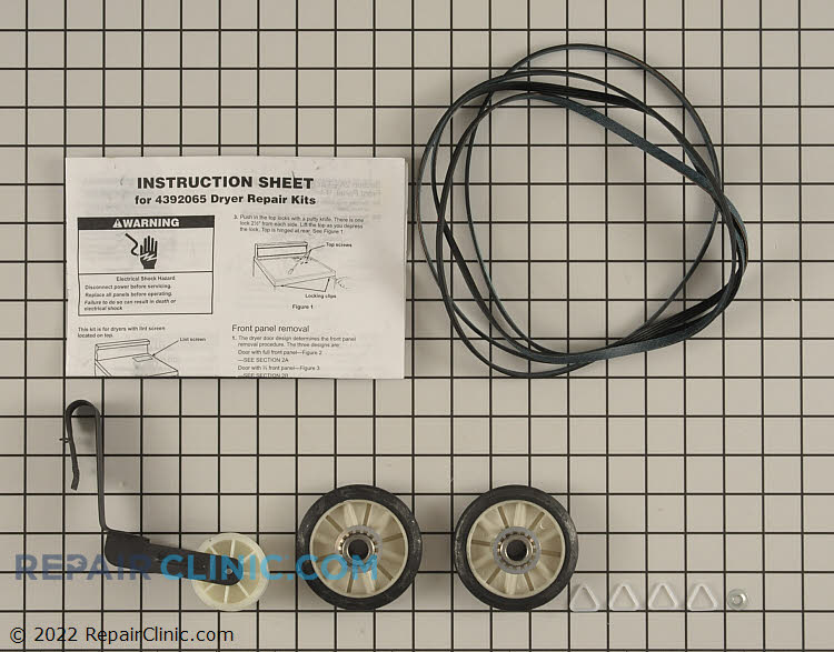 Repair kit for Whirlpool, Kenmore, Roper dryer; rollers, belt and idler pulley, for 29" wide Dryers built 1965 and later. This dryer maintenance kit contains all of the parts that are commonly defective when the dryer is noisy. <br>-Call with model# to verify if kit is compatible with your dryer.