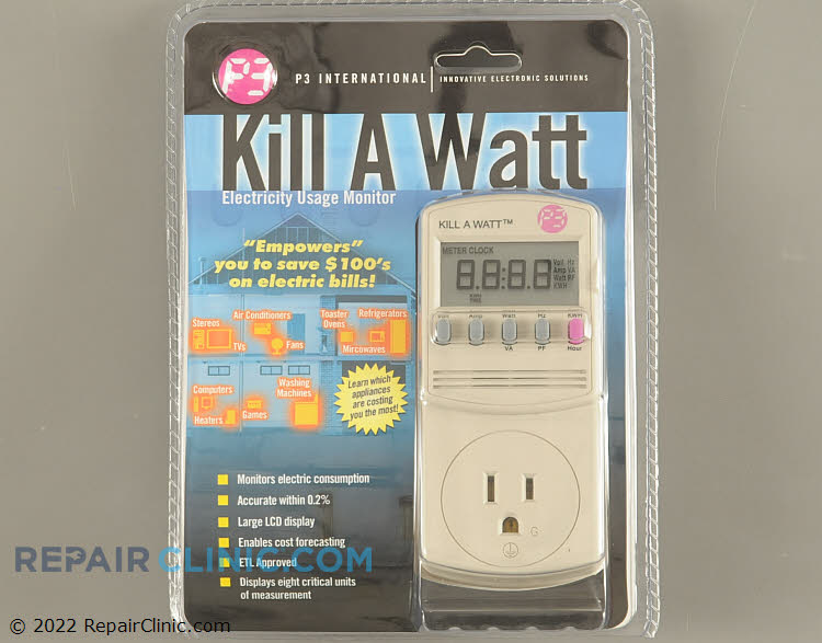 The Kill-A-Watt Energy Usage Meter. This plug-in meter allows you to track total power consumption by hour, day, week, month, or year. Also displays Voltage (V), Line Frequency (Hz), and Power Factor (PF). 15 amp maximum. No batteries required. Accepts standard 110 volt plugs, 2 or 3 prong.