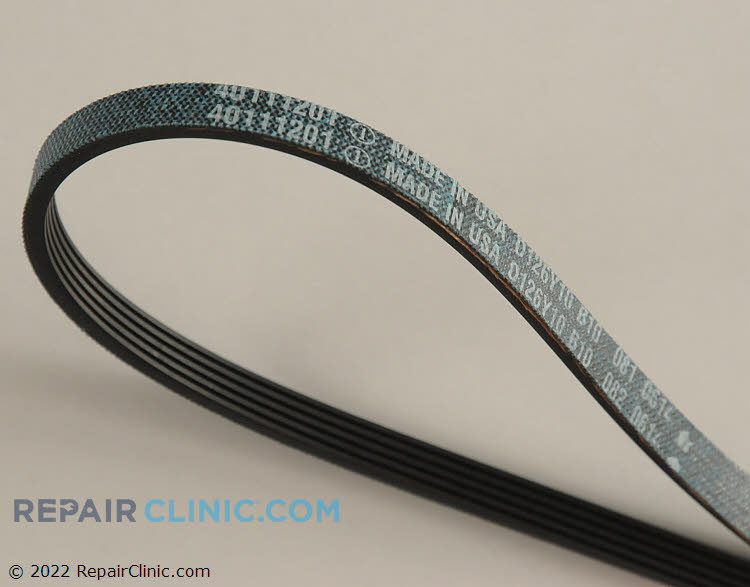 Dryer drum drive belt. Length 93 3/8”, width 3/8”, characteristics, 5 ridges, flat. The drive belt is a very long, slender belt that wraps all the way around the dryer drum, around a tension pulley, and then around the drive motor pulley.