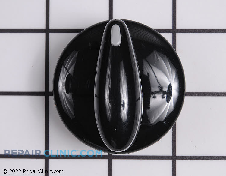 Surface burner knob, black with gray grip band. 2 inches in diameter. 1-1/2 inches deep with shaft.