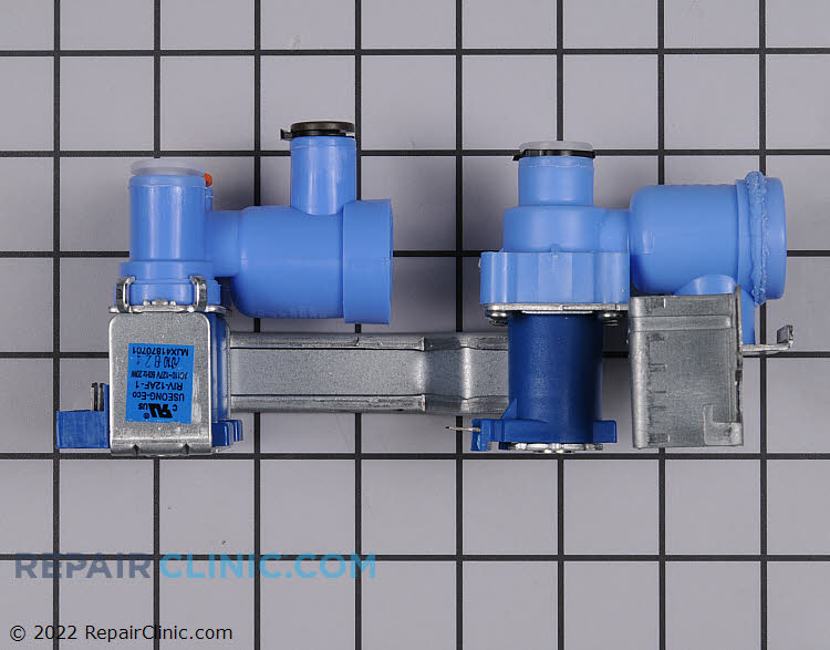 Refrigeraor water inlet valve assembly. The valve has three solenoid and features push-in fittings. To release tubing, pull the push-in ring toward the valve and then pull the tubing out.