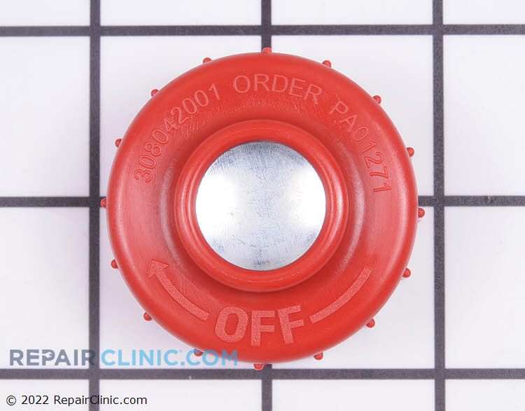 String trimmer bump knob (or spool retainer) with left-hand threads. Color: red.