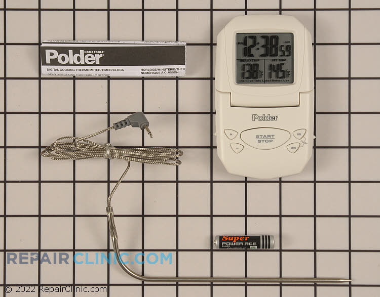 Polder 3 function thermometer: large LCD read out displays the temperature of food during cooking. Presettable HI/LOW and inside the range temperature alert. Timer: 24 hour count down and count-up. Clock: Real-time clock. Stainless steel probe. Temperature chart and battery included.