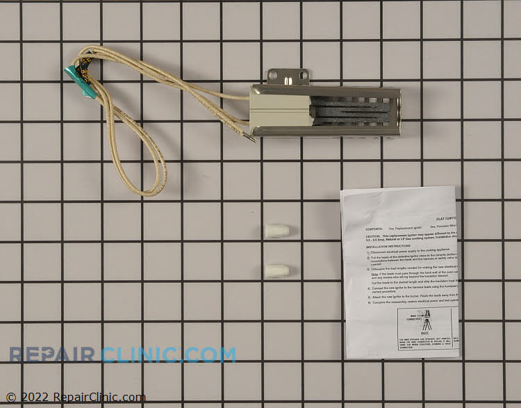 Oven igniter assembly. Short ceramic style igniter with mounting bracket and wire nuts for installation. Overall length is 3.72", amperage range 3.2 to 3.6. The igniter is the most commonly defective part for a gas oven not heating correctly or at all.