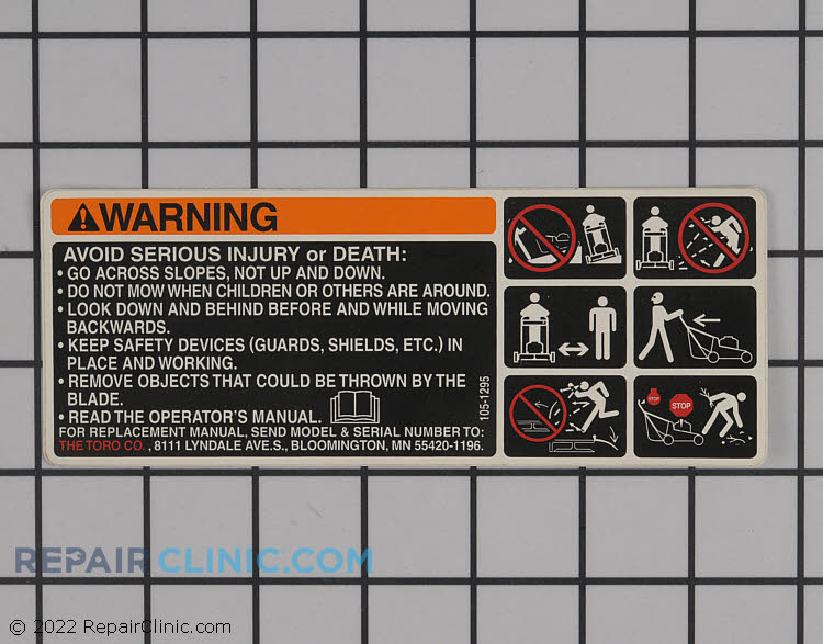 NEW GENUINE OEM TORO PART # 105-1295 WARNING DECAL FOR TORO RECYCLER LAWN MOWERS