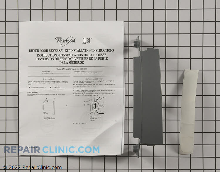 Dryer door reversal kit for Whirlpool Duet and Performance dryers. Includes instructions.