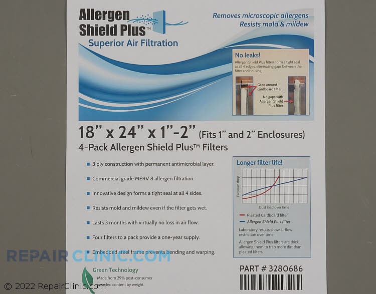 18 x 24 x 1 (4 Pack) Allergen Shield Plus Filter with Antimicrobial Layer.  Also fits 2" openings.