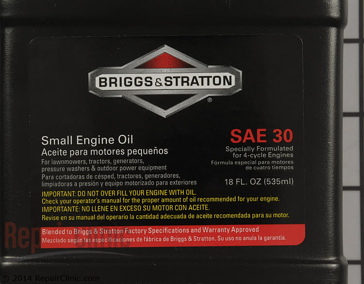 Briggs & Stratton Original Equipment 100005 4 Cycle Oil. (18oz Bottle) Briggs & Stratton Lawn Mower Oil is formulated for 4-cycle air-cooled engines. Don't overfill the crankcase when adding oil. Too much oil can damage the engine.