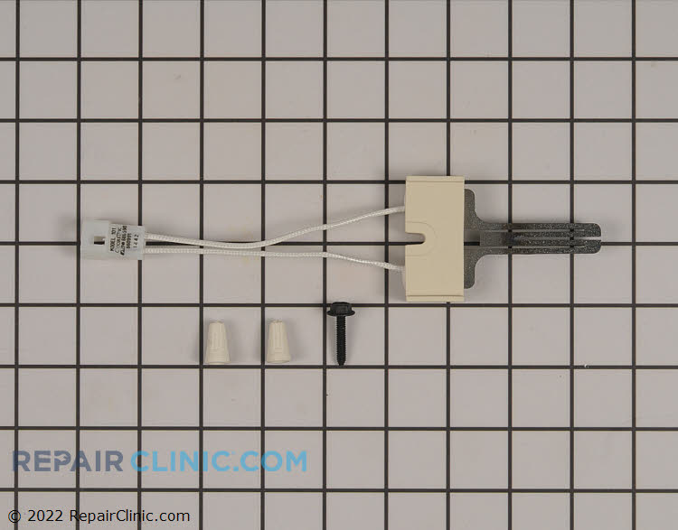 Dryer igniter with wire harness connecter. This is a flat-style igniter. The igniter uses heat to ignite the gas in the burner assembly. If the igniter is defective, the gas will not ignite and the dryer will not heat.