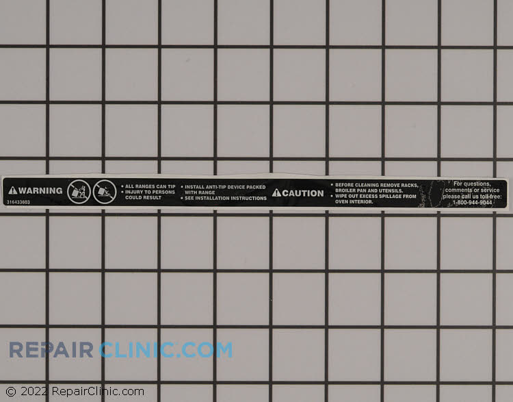 Range/Stove/Oven Label 316433603 Frigidaire Label Repair Clinic