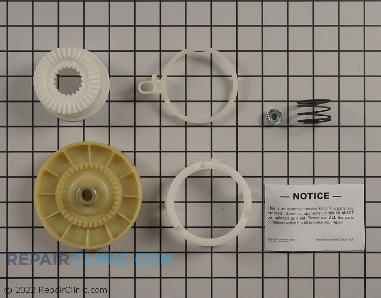 Drive Clutch Kit. This kit has 6 parts; a spring, housing, cam ring, basket drive gear, pulley, and nut. The pulley is driven by the drive belt and the splutch works with the mode shift actuator to operate the washplate and spin the inner basket. A worn splutch can cause spin or washplate problems.