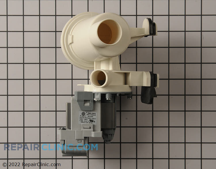 Washing machine drain pump. *Coin trap only available with pump assembly. If the washer does not drain the pump could be locked up or a small object may be clogging it. Also a small leak in front of the washer could be caused by a defective pump.