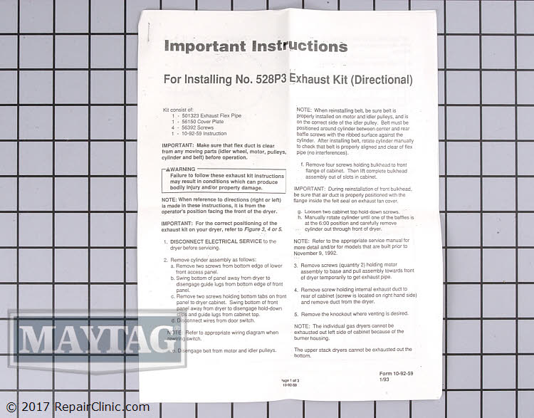 Side Venting Kit WP528P3 Maytag Replacement Parts