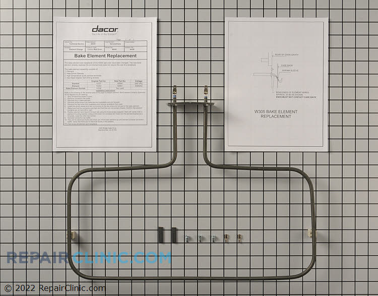 Bake element kit. This bake element has been updated by the manufacturer and no longer has a terminal block. If your oven won't heat, the bake element may have burned out. A burned-out bake element is often visibly damaged.