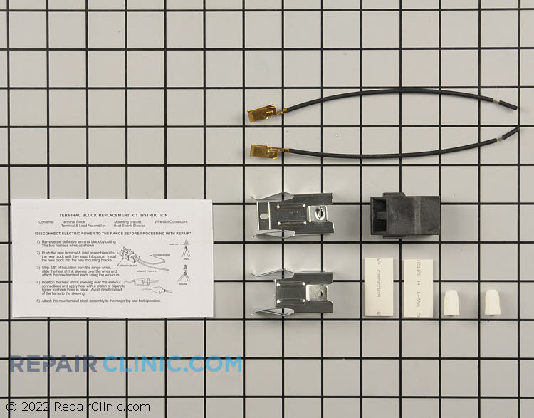 Stove top surface element terminal block kit with interchangeable mounting brackets. The kit also includes ceramic wire nuts, heat shrink protective tubing, and wires. If the element works intermittently then the receptacle may be making poor contact with the element and needs replacement.