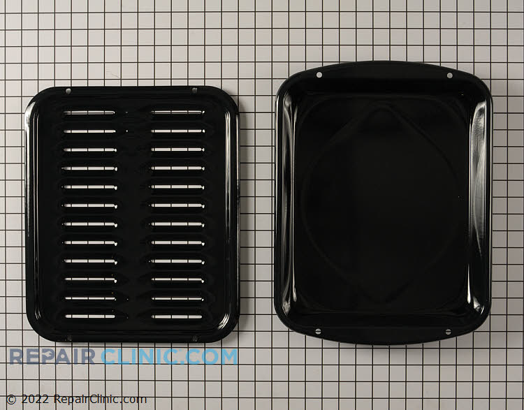 Porcelain broiler pan set, aluminum grid allows juices to flow off food into the porcelain pan below, measures 1-1/2" x 12-3/4" x 16-3/4"