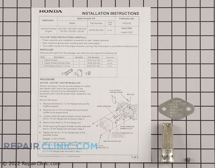 Lawn Mower Spark Arrestor 06180Z0J000 Fast Shipping