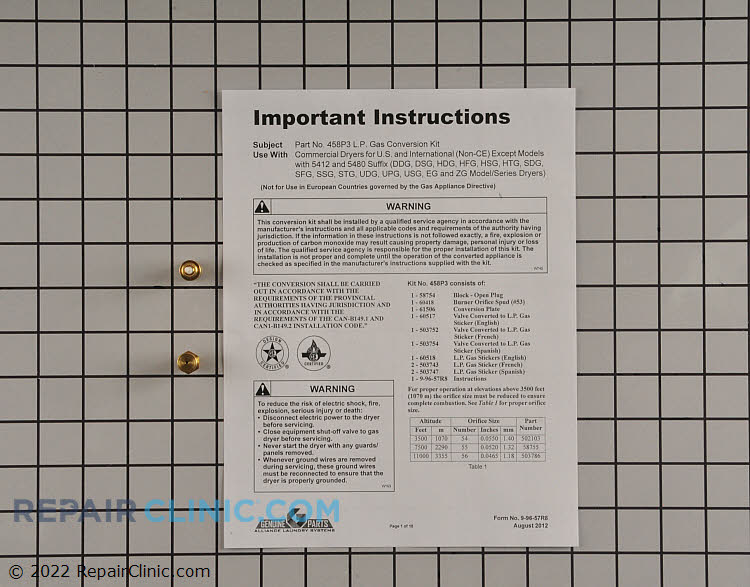 Dryer Conversion Kit 458P3 Fast Shipping Repair Clinic