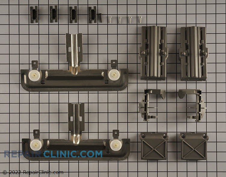 Dishwasher upper rack adjuster kit. This kit includes both left and right side adjusters and all components needed to service the upper rack. The part has changed from plastic to metal. So it will look different than the original part. Instructions available online at Servicematters.com.