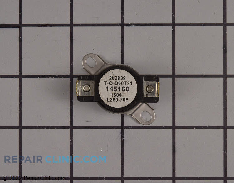 Dryer high-limit thermostat, L260-70F. If the dryer overheats, this high-limit thermostat will cut off the power to the heating element. If the high-limit thermostat has blown, the dryer won't heat.