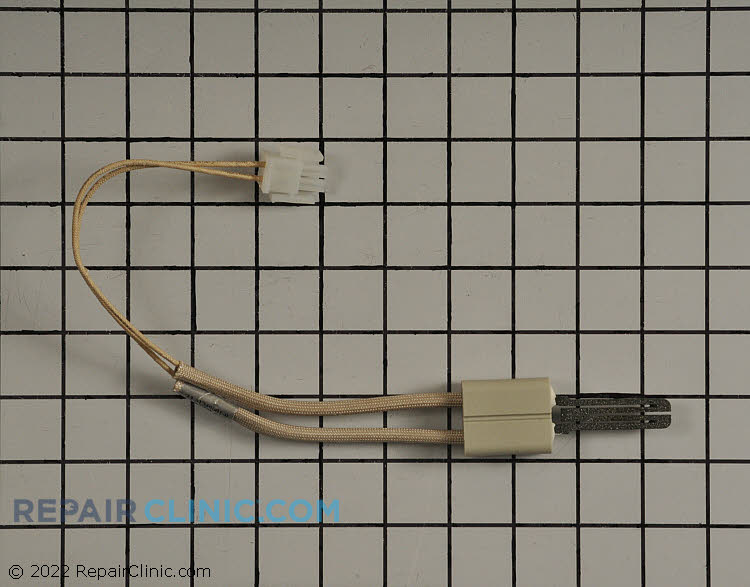 Oven igniter with short ceramic body and wire connector.  This igniter draws electrical current through the oven safety valve to open it. No mounting bracket is included with this igniter, so you will have to transfer the bracket from old igniter to the new igniter.
