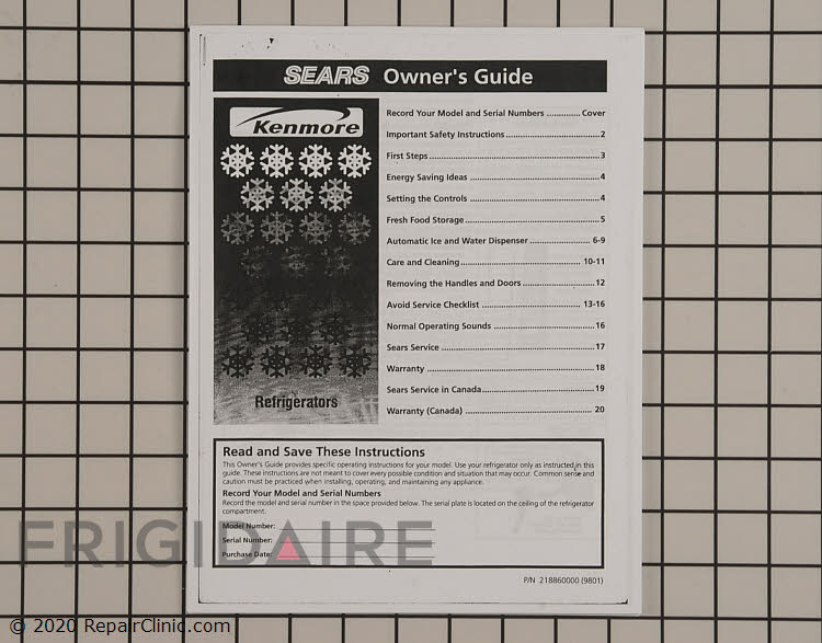 Owner's Manual 218860000 | Frigidaire Appliance Parts