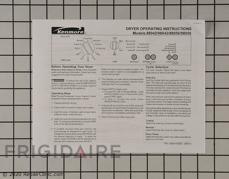 134914700 Kenmore Dryer Installation Instructions