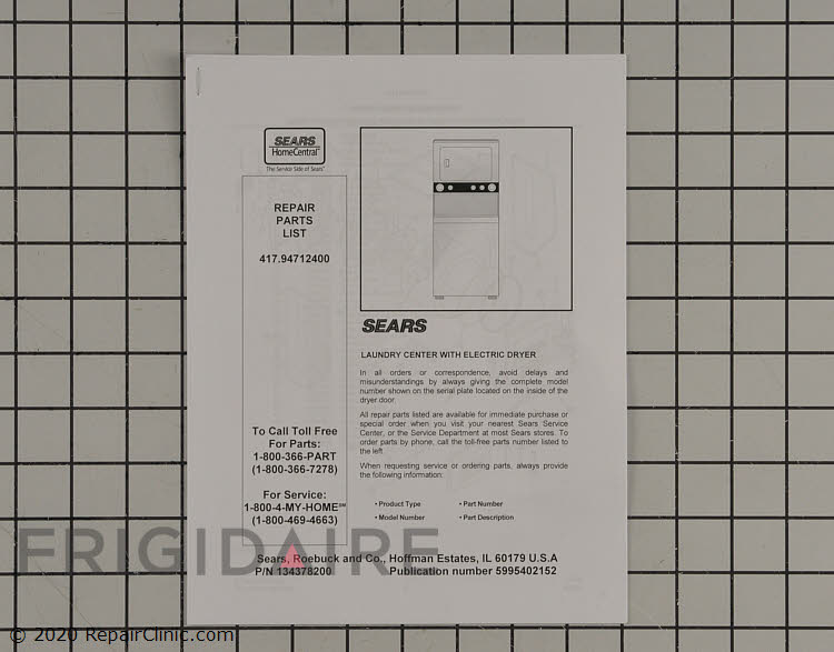 5995402152 Kenmore Washer/Dryer Combo Parts Catalog