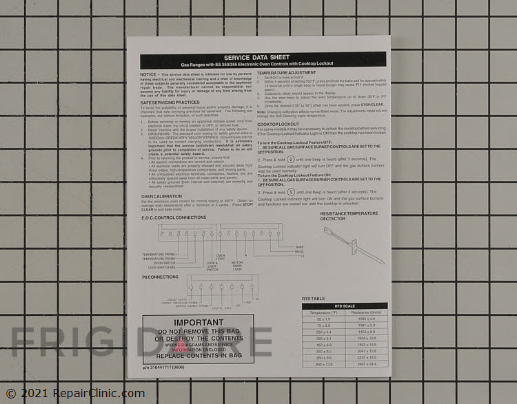 316441717 Kenmore Range/Stove/Oven Tech Sheet