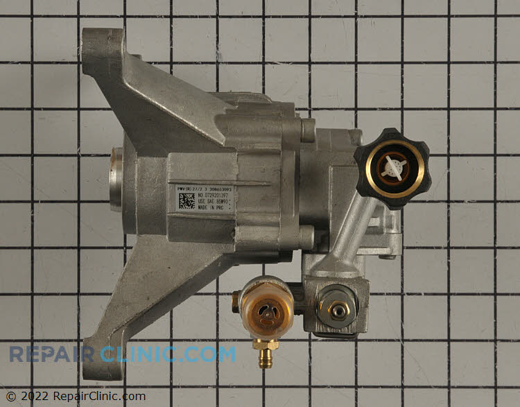 Pressure washer pump assembly. If the pressure washer is leaking water, the pump may need to be rebuilt or replaced. This pump does not include a new thermal release valve and key. You will need to reuse the old thermal release valve and drive key or purchase new ones.