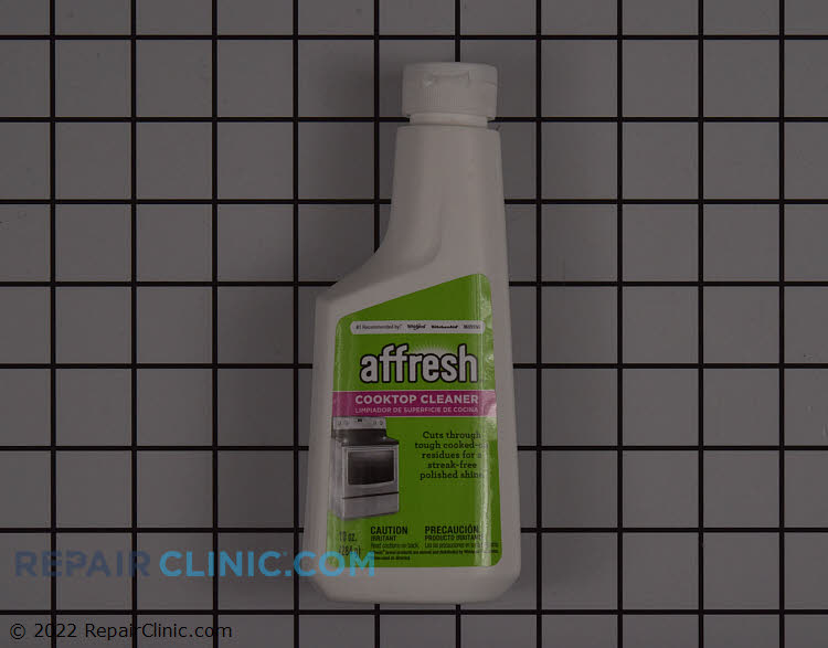 Affresh® cooktop cleaner. 10 ounce bottle. This non-abrasive cleaner is proven to remove even the toughest baked-on residue, even grease heated to over 750 degrees Fahrenheit. It is safe for all glass, ceramic, and porcelain cooktops.