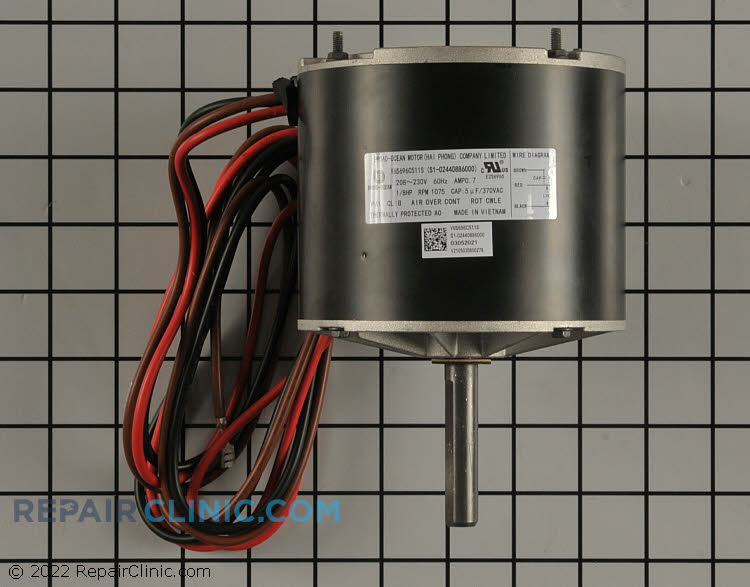 Condenser fan motor, 1/8 HP 208-230Volts 60Hertz 0.8Amps 1075RPM Single Speed Closed Enclosure 42Y Frame Single Phase CW Rotation 2.5" Shaft