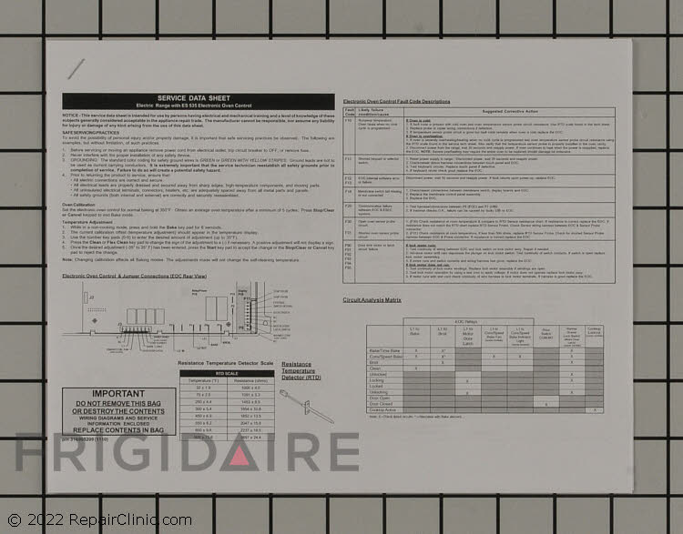316905209 Kenmore Range/Stove/Oven Tech Sheet