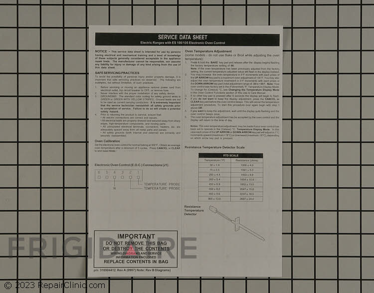 Tech Sheet 316904412 | Frigidaire Appliance Parts
